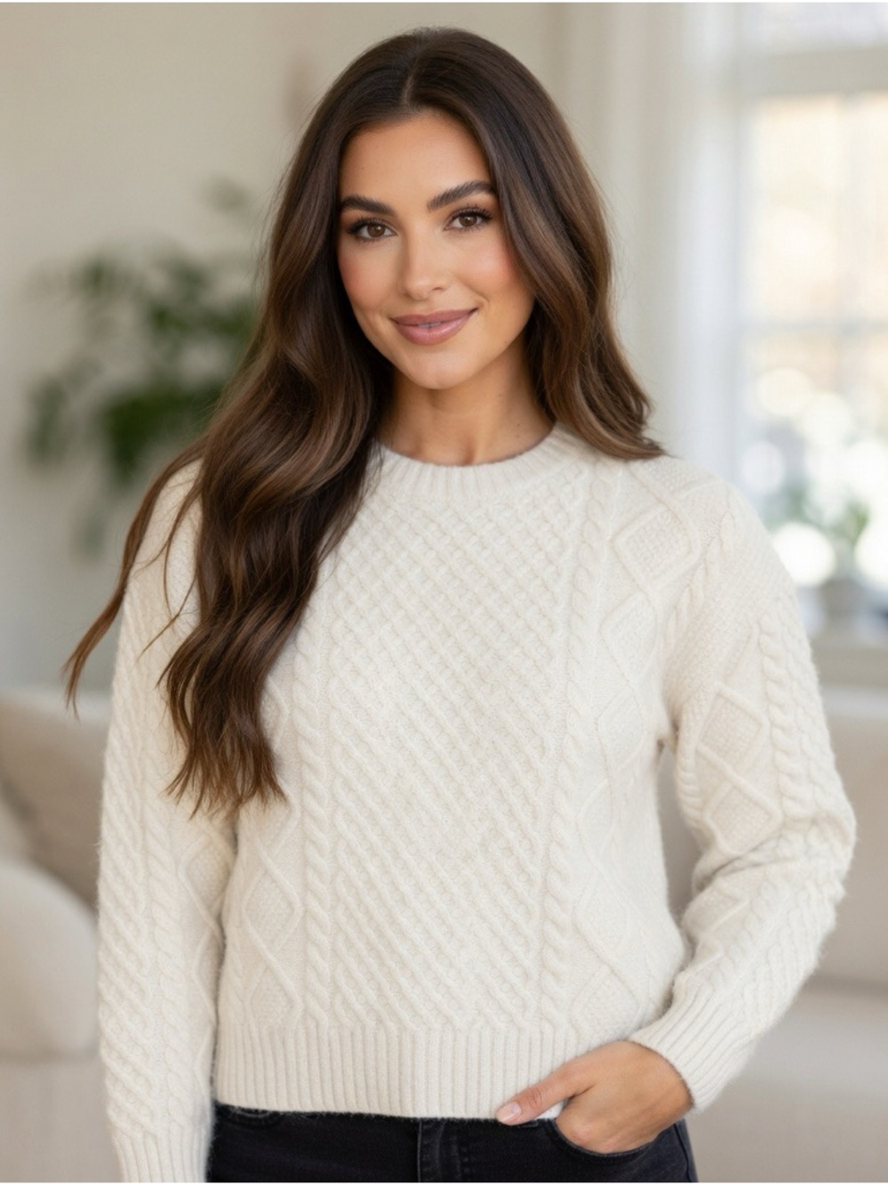 Sunday Best Cream Cable Knit Crewneck Sweater